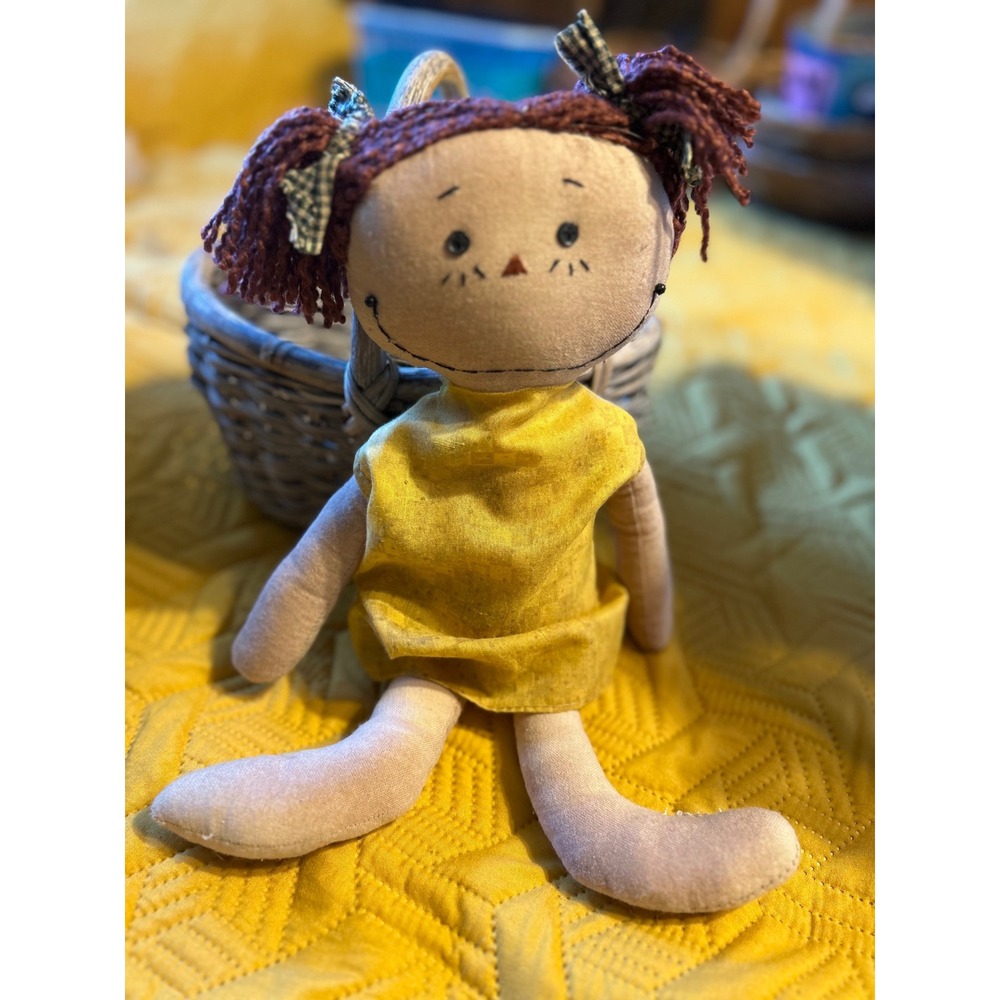 Vintage Style Primitive Rag Doll Yellow Dress Yarn Hair Stitched Face 15.5 Inch
